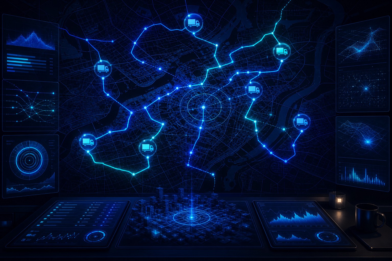 Dark blue dispatch dashboard with glowing route optimization lines connecting service trucks across a city map