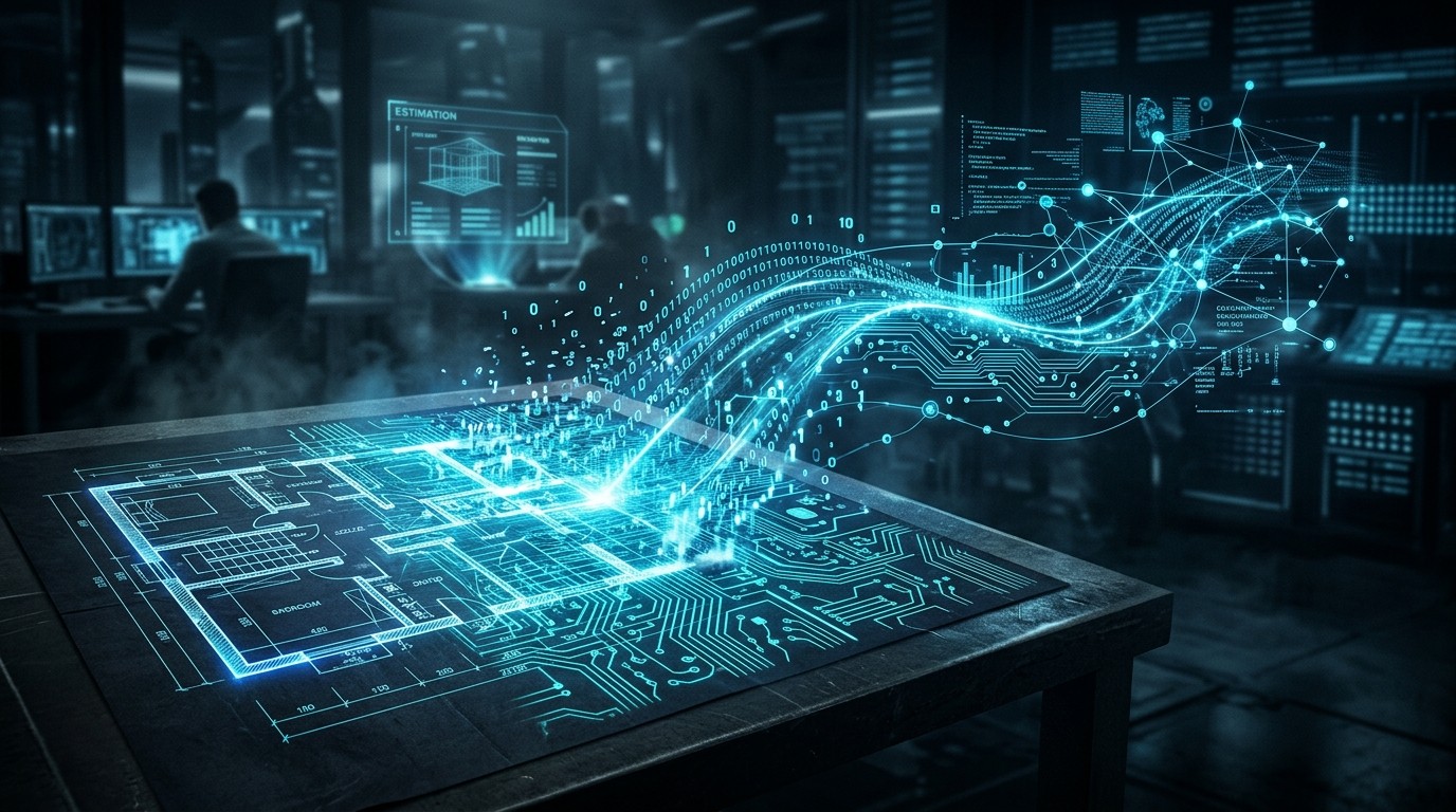 Construction blueprints transforming into glowing digital data streams with AI analysis