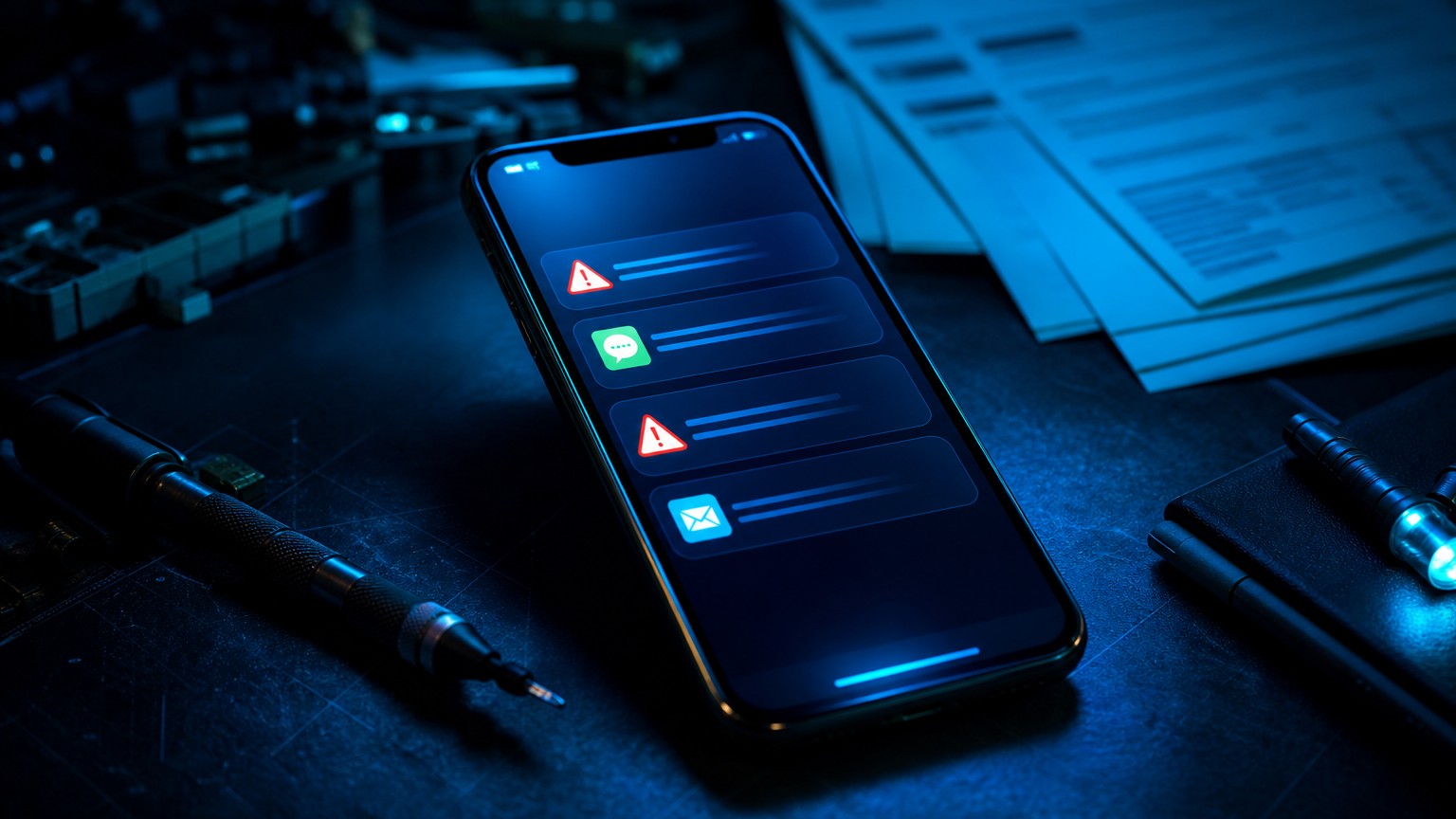 Smartphone displaying notification alerts and messages on a dark work desk with tools in blue ambient lighting