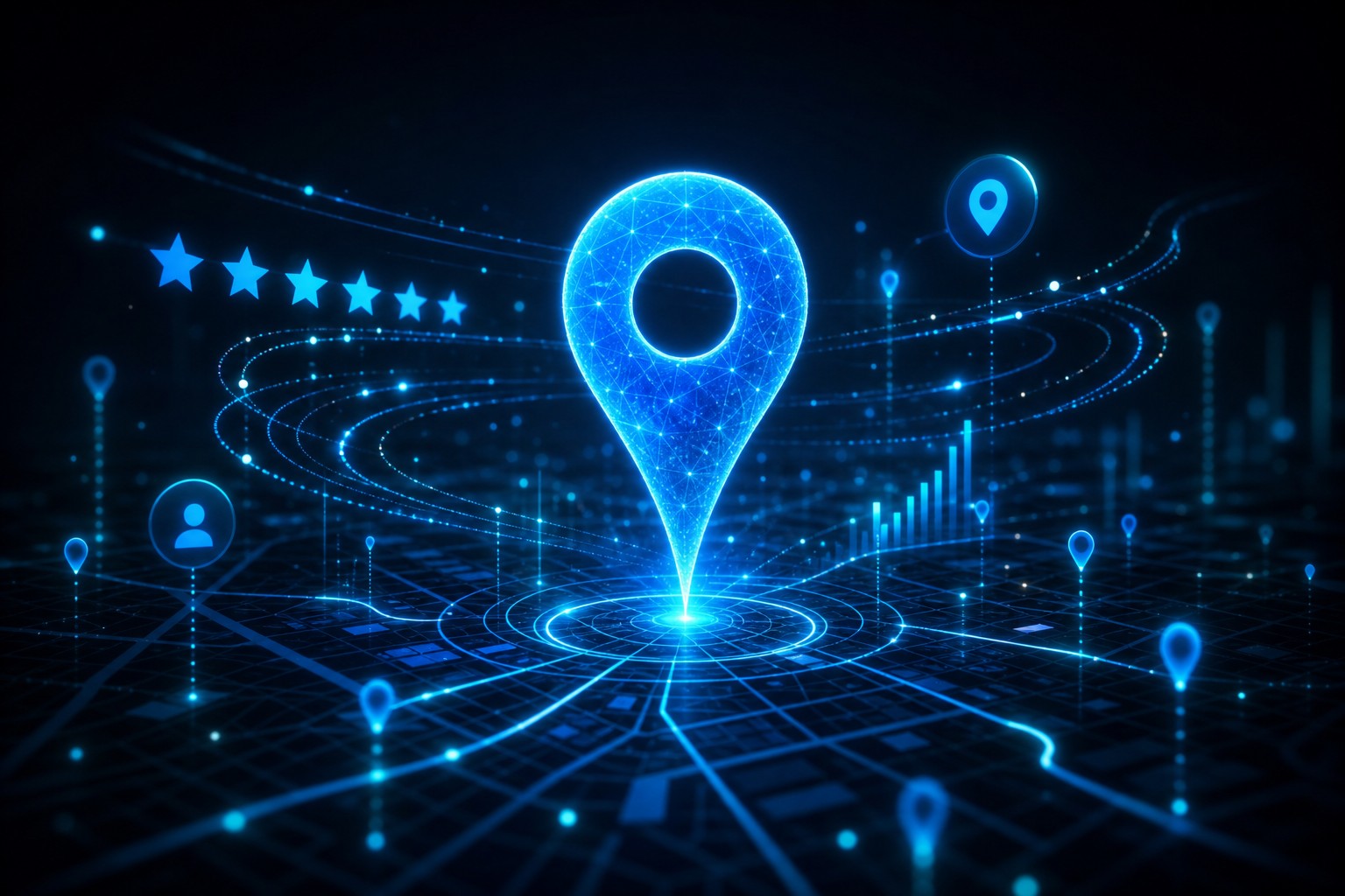 Glowing blue map pin surrounded by digital data streams and review stars on a dark background