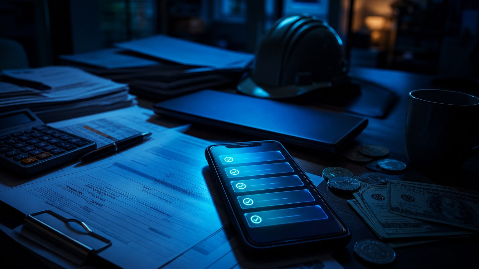 Dark moody desk scene with invoices and a glowing smartphone showing payment notifications in blue ambient lighting