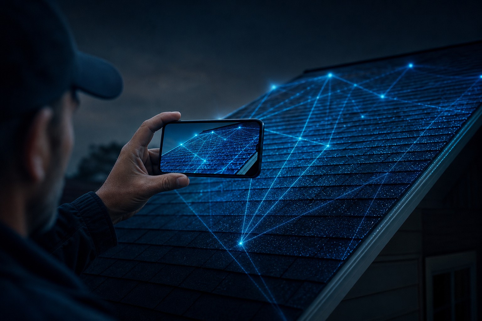 Contractor photographing a roof with smartphone showing AI analysis overlay in dark blue lighting