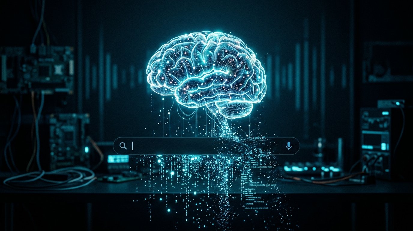 AI neural network emerging from dissolving search bar